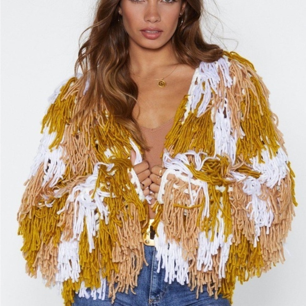 Nasty Gal Mustard Beige White Fringed Chunky Knit Cardigan